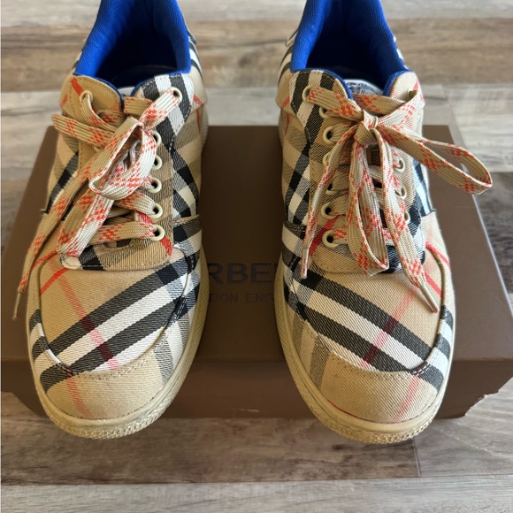 Burberry Beige Plaid Canvas Sneakers with Blue Lining